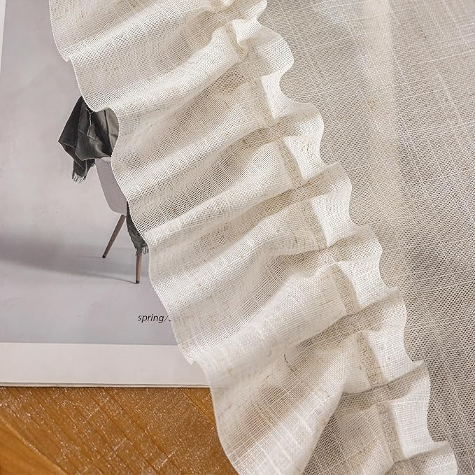 TERLYTEX Linen Curtains for Bedroom Ruffled Edges 47 x 63 Inch, 2 Panels | Rod - Image 7