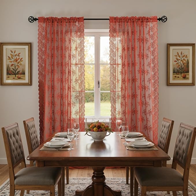 Kotile Burnt Orange Floral Lace Curtains - Image 6