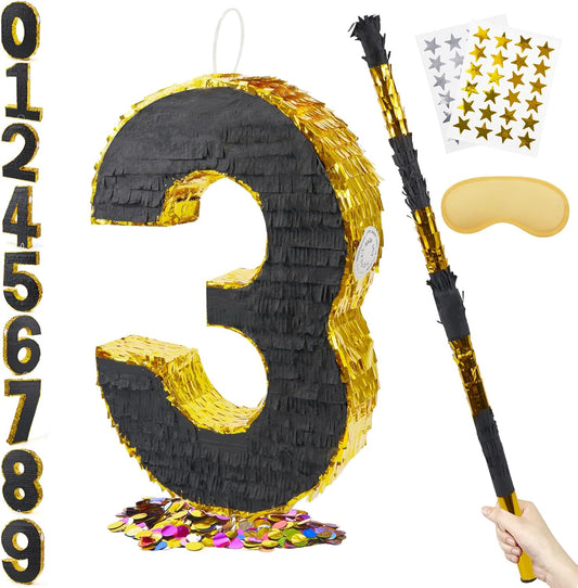 PCFING 20 Inch Number 3 Piñata Gold Black with 30 Inch Piñata Stick Blindfold Confetti for Man Women Boys Girls Birthday Party Decorations, Anniversary Celebration, Fiesta