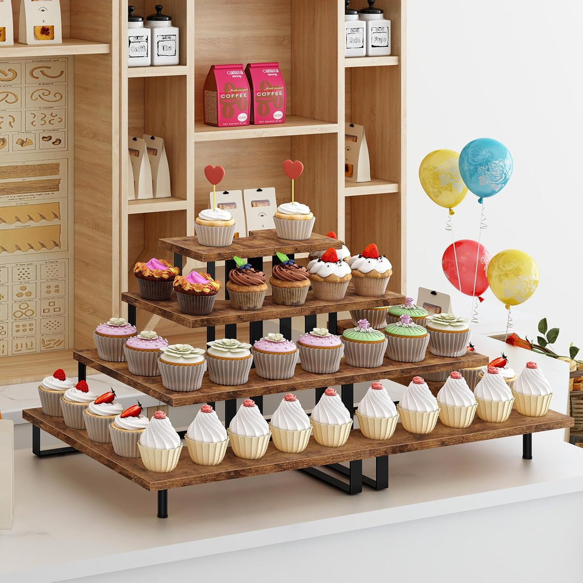 ELITEROO Wooden Cupcake Stand, Tiered Cupcake Display Tower Stand for 24 Cupcakes, Dessert Table Display Set, Buffet Risers Food Stands for Display Party Baby Shower, Rustic Brown Right Angle Corner