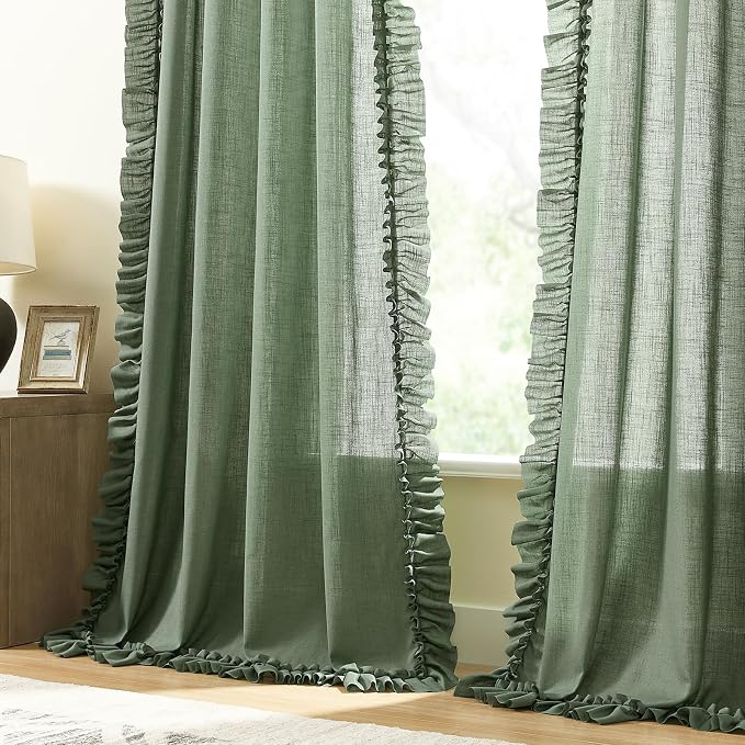 Dark Sage Green Ruffle Curtains - Image 4