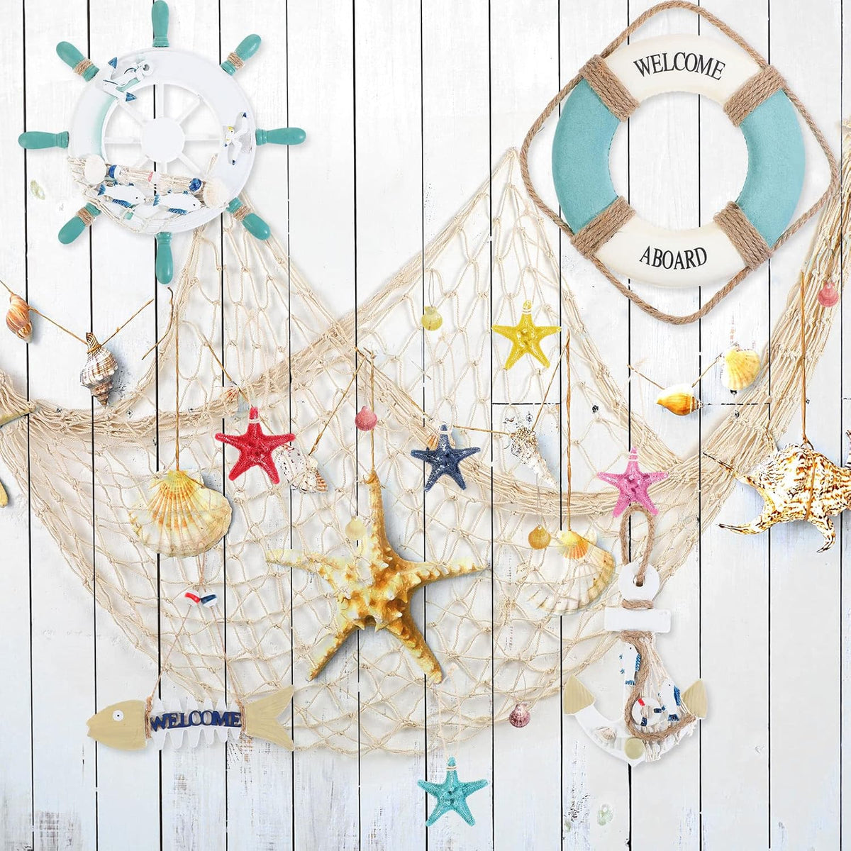 11 Pcs Wooden Nautical Wall Decor Fishing Net Decorations, Include Decorative Fishing Net, Ship Wheel, Fish Skeleton, Life Ring, Anchor, Starfish Beach Decor for Mediterranean Party (Wood Color)