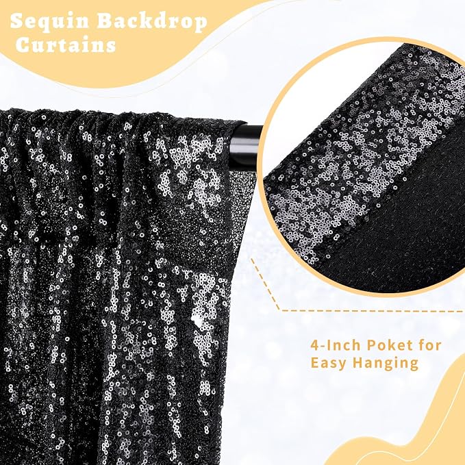 Black Sequin Backdrop Curtains 2 Pcs 5ftx8ft Sparkle Backdrop Drapes | Glitter - Image 2