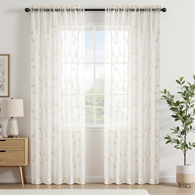 Sheer Curtains Boho Leaf Floral Embroidered Cream Beige 54Wx84L | Light - Image 2