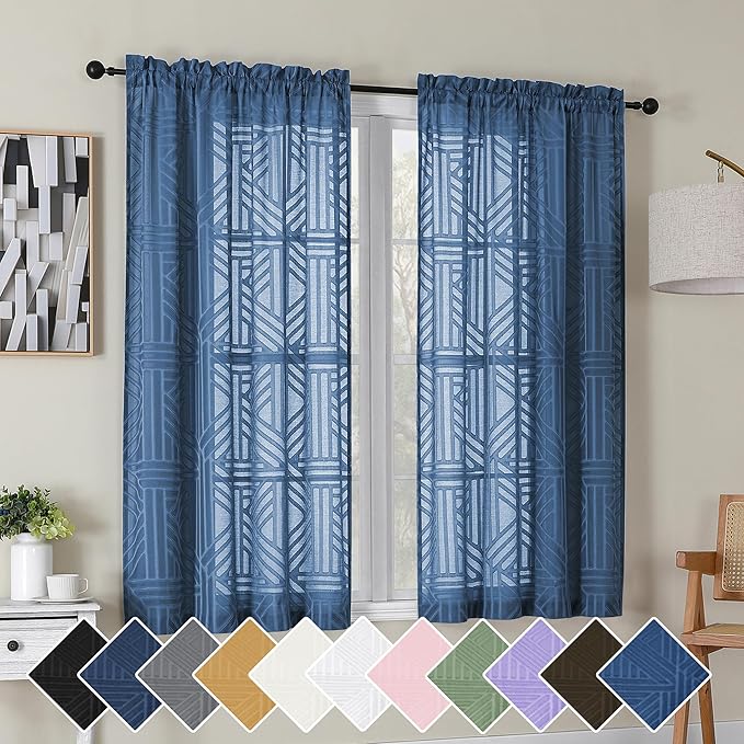 Simplebrand Dusty Blue Semi Sheer Curtains 54 Inch Length 2 Panels, Geometric by Simplebrand