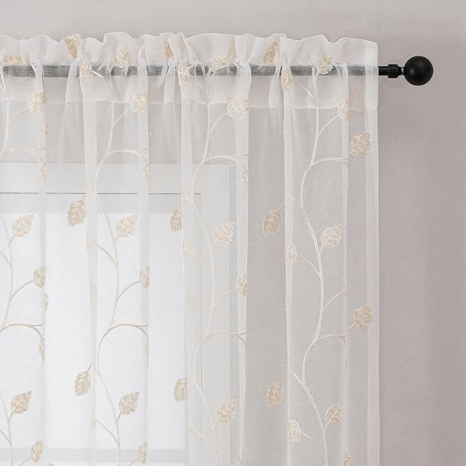 Beige Sheer Curtains Decorative Embroidered Leaf 84 Inches Long | Light - Image 3