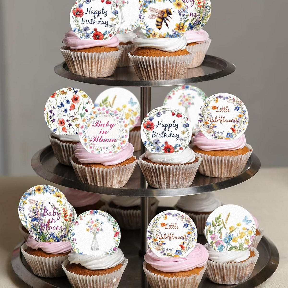 36PCS Edible Wildflower Cupcake Toppers Wafer Paper Baby in Bloom Baby Shower Decorations Flower Birthday Party Decorations Wildflower Cake Toppers for Birthday Party Supplies (Round)
