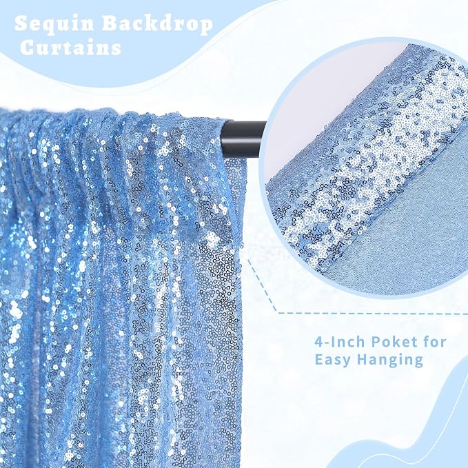 Baby Blue Sequin Curtains Backdrop 6 Pcs 2FTx8FT Shiny Shimmer Fabric | Glitter - Image 4