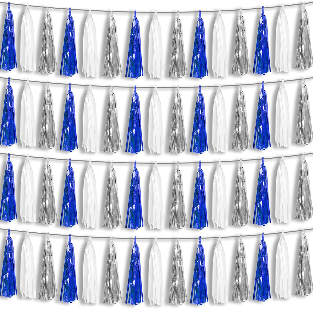 4P Navy-Blue White-Silver Foil Fringe Metallic Tassel Garland Banner, Tassels Banner Streamers for Parade Floats, Bachelorette, Wedding, Birthday, Halloween, Bridal/Baby Shower Party Decorations