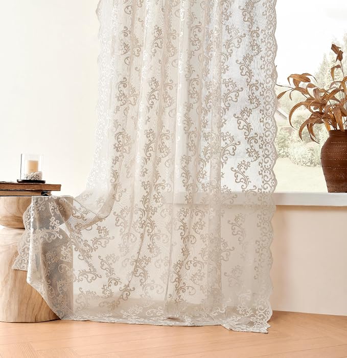 FOLKSIDE Khaki Lace Curtains 84 Inches Long 2 Panels Neutral Paisley Floral - Image 4