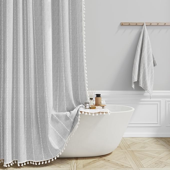 72 x 80 Boho Linen Heavy Duty Cloth Shower Curtain Set, 330GSM Linen Blend by ShowerCurtain