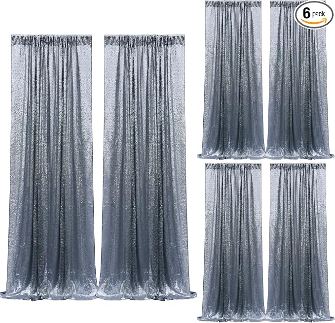 2×8FT-6PCS Black Silver Sequin Backdrop Curtains Panels, Photography Backdrop by Pufogu