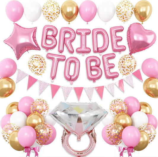 Pink and Gold Bachelorette Party Decorations, Pink Bride To Be Bridal Shower Balloons Decorations, Pink Gold Confetti Balloons with Diamond Ring Star Heart Balloon for Bachelorette Engagement Wedding