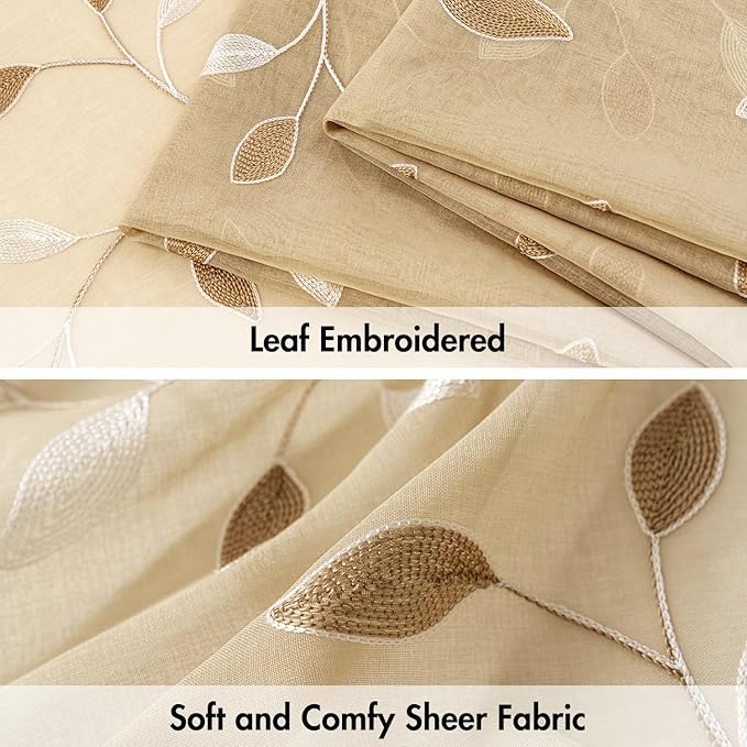 MIULEE Khaki Sheer Curtains 2 Panels Embroidered Leaf Patterned, W52 x L45 | - Image 4