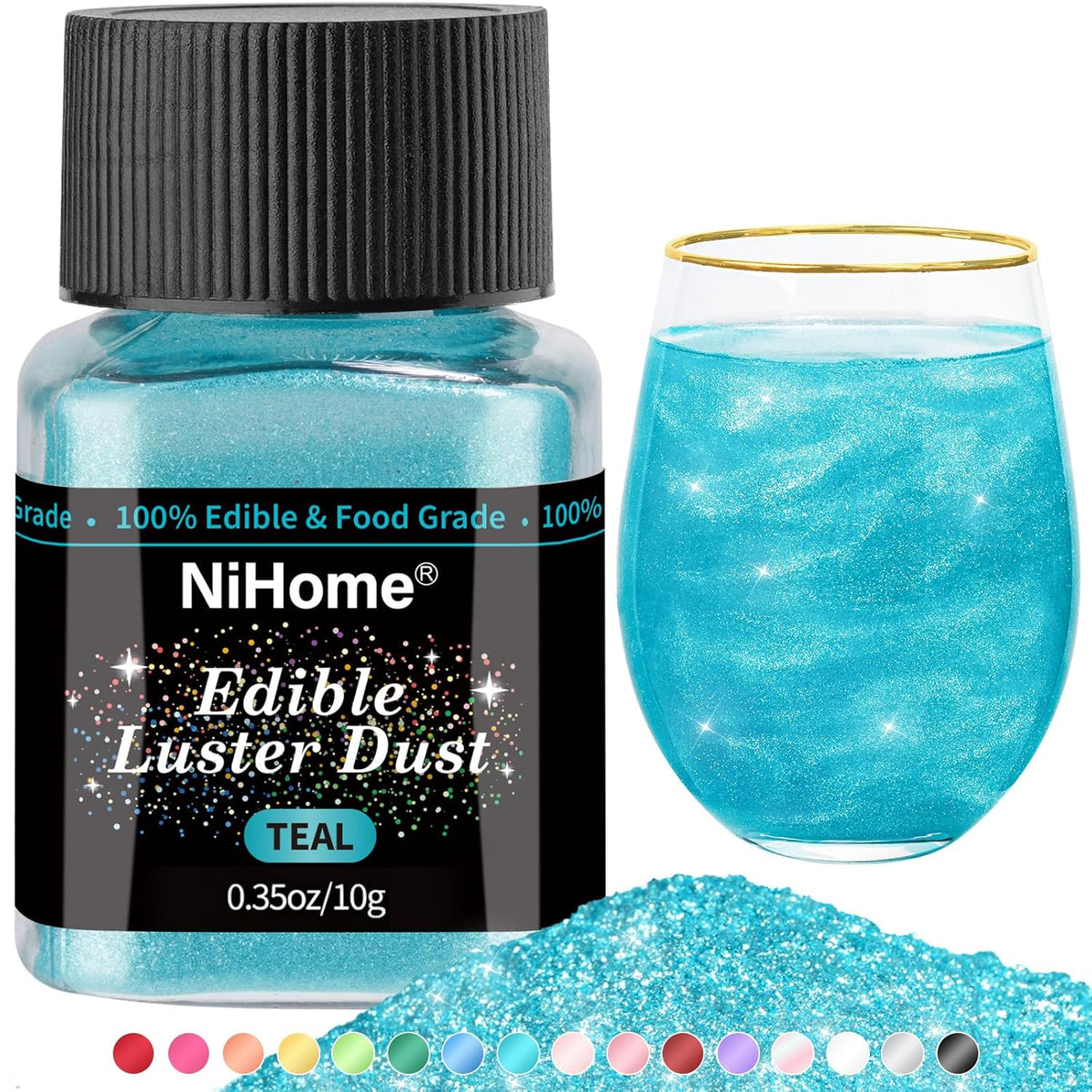 NiHome Edible Food-Grade Glitter Powder Glimmer Luster Dust Metallic Fancy Food Decorating Sprinkle Glimmery Dust for Drink Wine Beverage Cake Bakery Vegan Allergen-Free (Teal, 0.35oz/10g)