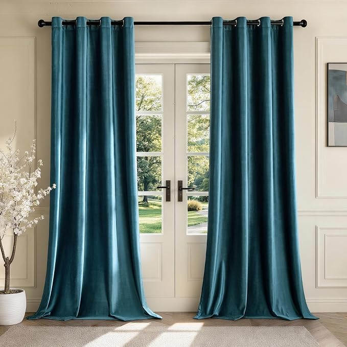 Velvet Peacock Blue Blackout Curtains 108 inch Length by ModernShinyVelvetCurtains
