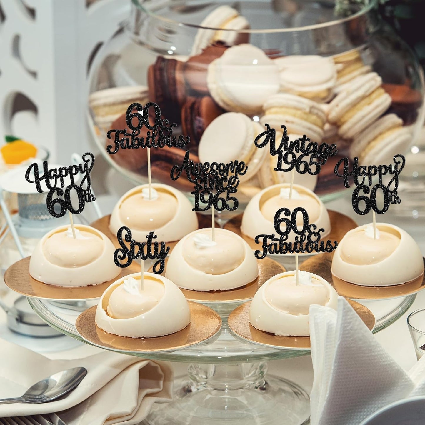 30Pcs Happy 60th Birthday Cupcake Toppers Glitter Sixty Vintage 1965 Cupcake Picks Cheers to 60 Fabulous Cake Decorations for 60th Birthday Wedding Anniversary Party Supplies Black