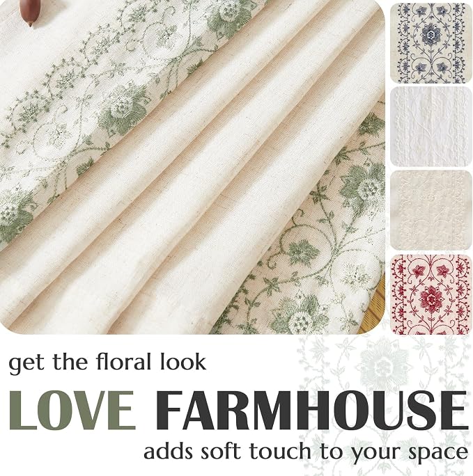 jinchan Floral Linen Curtains Embroidered Back Tab 50x84in 4 Panels Sage | - Image 4