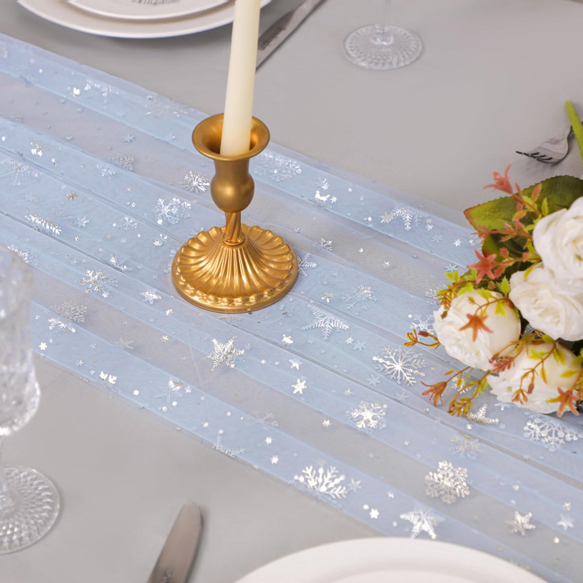 Snowkingdom Silver Snowflake Christmas Table Runner, 10ft Blue Cheesecloth Gauze Sheer Chiffon 120 Inch Winter Table Runner, Seasonal Holiday Kitchen Dining Decoration for New Year Outdoor Party Decor
