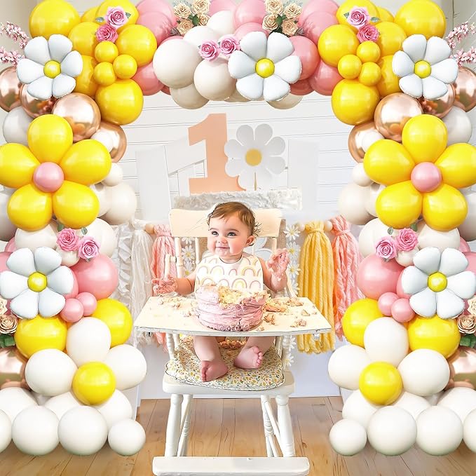 Daisy Balloon Garland Arch Kit, Retro Yellow Pink White Gold Hippie Boho - Image 7