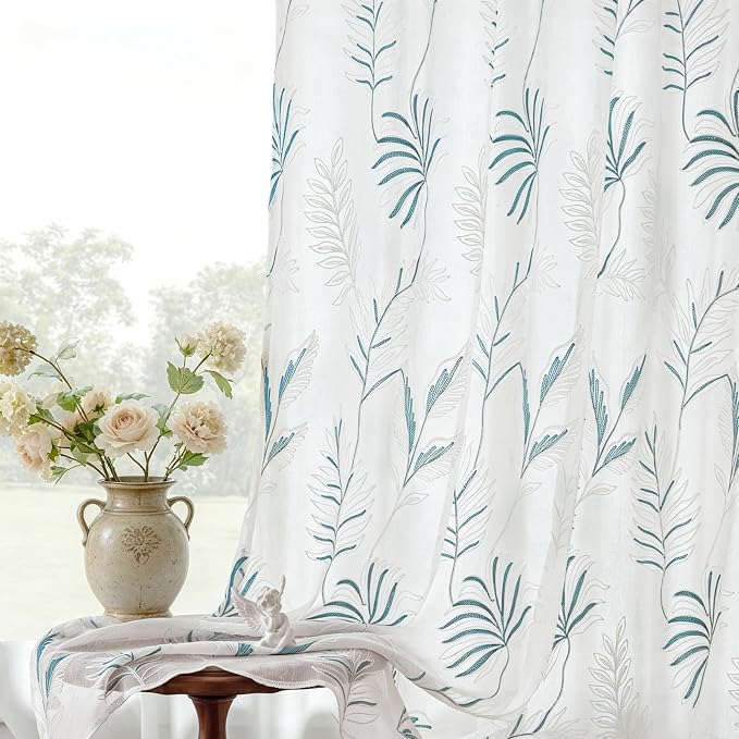White Sheer Curtains Blue Embroidered Leaf 2 Panels 84 Inches | Light Filtering by VISIONTEX
