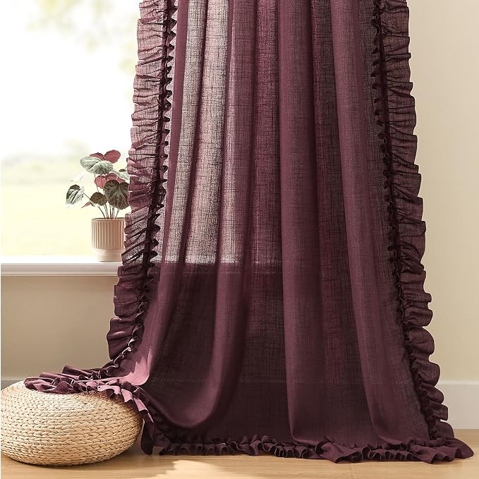 Burgundy Ruffle Curtains for Living Room Farmhouse 58x96 Inch 2 Panels | Rod - Image 4