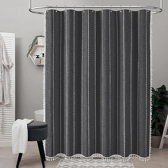 54x78 Boho Farmhouse Linen Heavy Duty Shower Curtain, Charcoal Grey | Narrow - Image 6