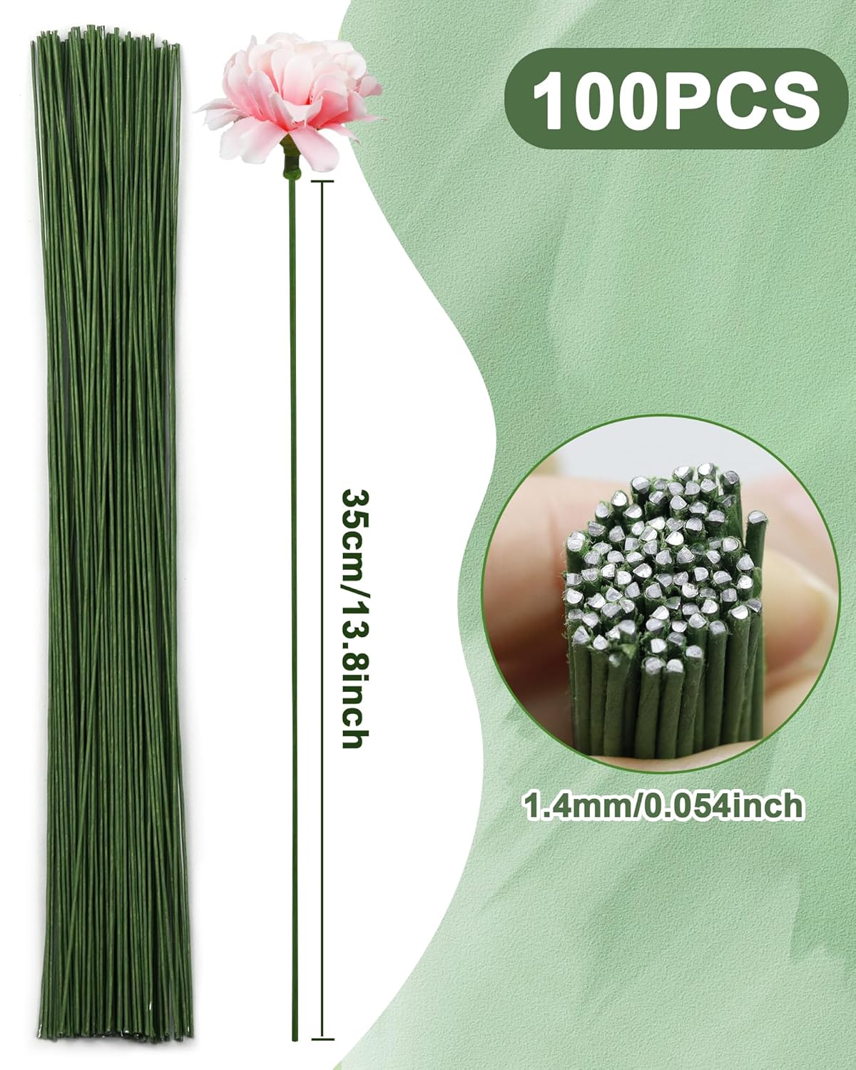 100 PCS FIVEIZERO 18 Gauge Green Floral Wire Stems for Artificial Flower Making,Florist Wire,Flower Wires for Crafts,Alambre para Flores for Wreaths, Flower Arrangements and DIY Projects