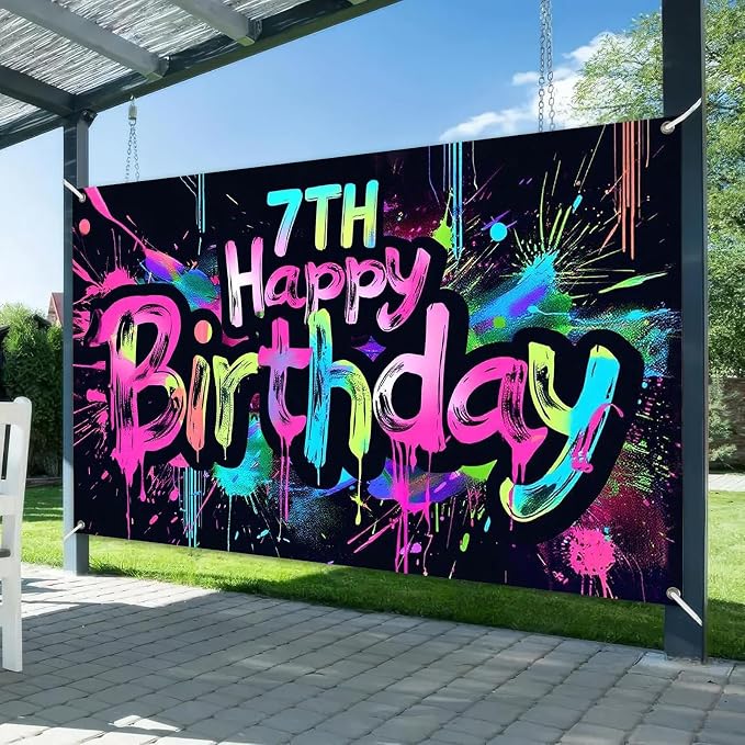 HOMETITUTE Happy 7th Birthday Decorations Banner 71x43 Inch | Neon Birthday - Image 2