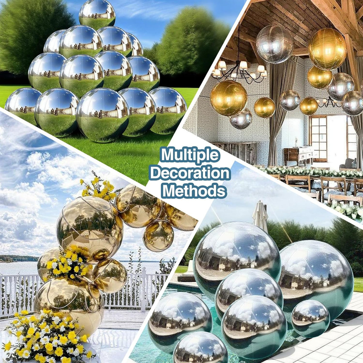 3PCS Silver Inflatable Mirror Ball, Big Shinny Balls Reusable Large PVC Disco Ball Balloon for Large Event Decoration, Party, Concerts, Stage, Wedding Decor, Without Air Pump