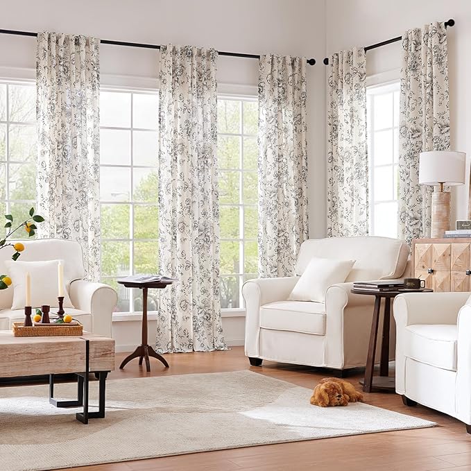 jinchan Black Floral Linen Curtains 102 Inch Farmhouse Back Tab 2 Panels | - Image 7