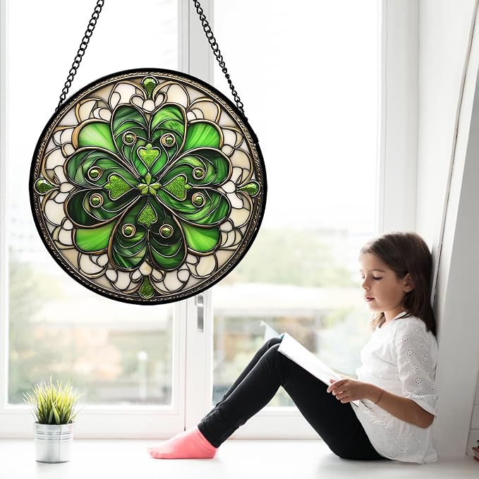 DASTOLL Stained Glass Window Hanging St. Ripak Festival Green Lucky Clover 7.8" - Image 3