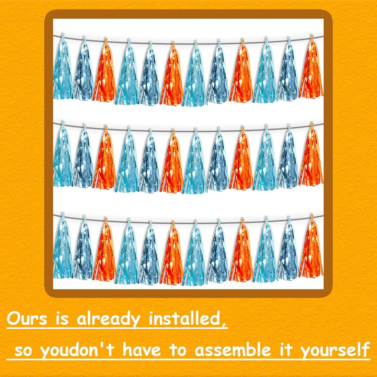 3P Lake Blue Light Blue-Orange Metallic Fringe Tassel Banner Garland Foil Tinsel Streamer Wall Hanging Curtain Backdrop Banner for Parade Floats,Graduation Decorations, Wedding Party Decoration
