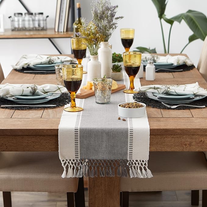 DII Dobby Stripe Table Runner, 13x108 Cool Gray & Cream Background | Woven - Image 4
