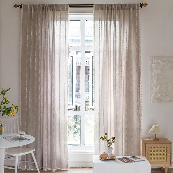 RoomTalks Tan Rustic Farmhouse Linen Kitchen Curtains 54 Inch Length Country - Image 2