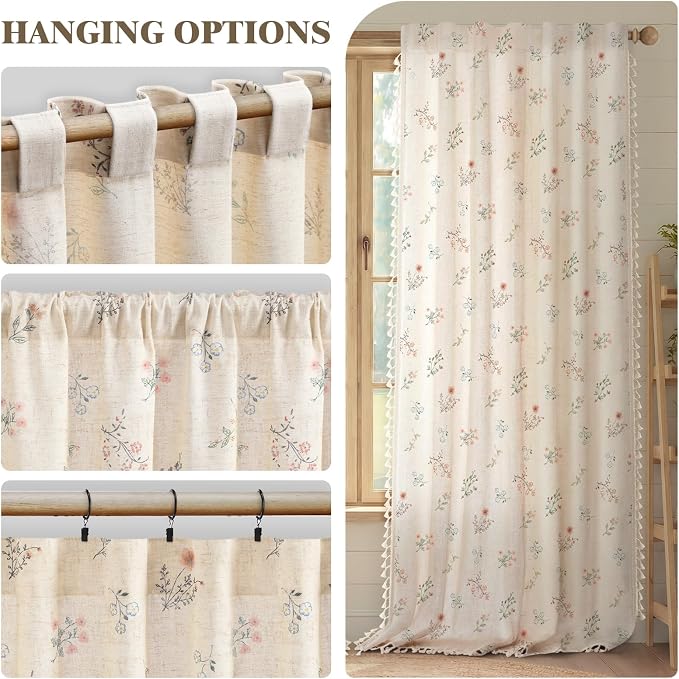 Boho Floral Light Filtering Curtains 96 Inch 2 Panels Linen Texture | Farmhouse - Image 6