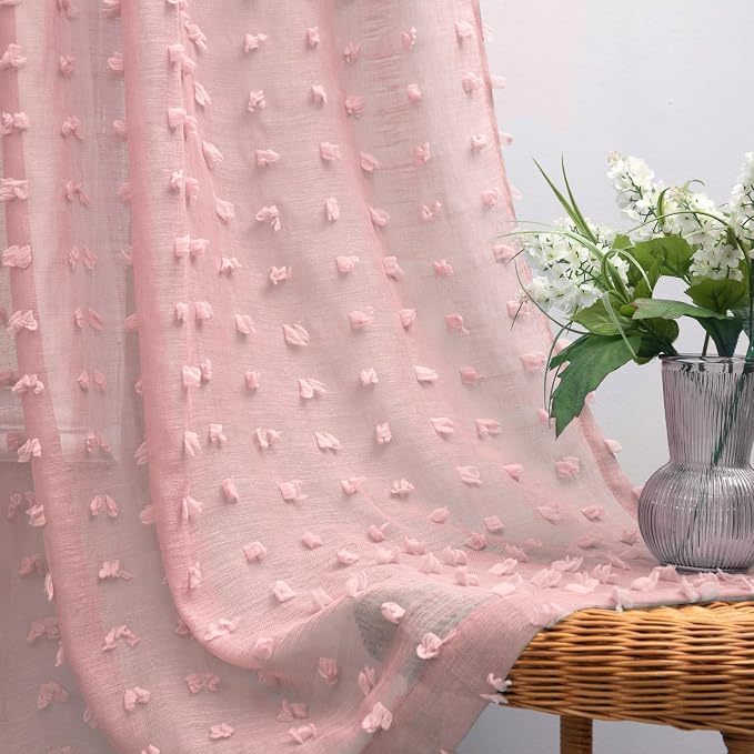 KOUFALL Blush Pink Curtains for Girls Room Baby Nursery Girl, Sheer Boho Pom by KOUFALL