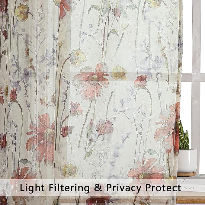 Crushed Sheer Curtains 90 Inch Length 2 Panels Set, Sheer Floral Curtains - Image 4