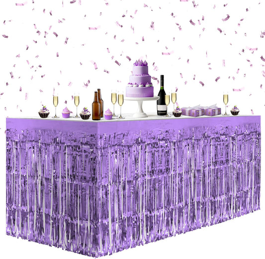 1 Pack Light Purple Table Skirts, 29x108" Metallic Foil Tinsel Fringe Table Skirts for Rectangle Tables Streamer Curtains Backdrop, Party Decorations for Birthdays Weddings Holidays