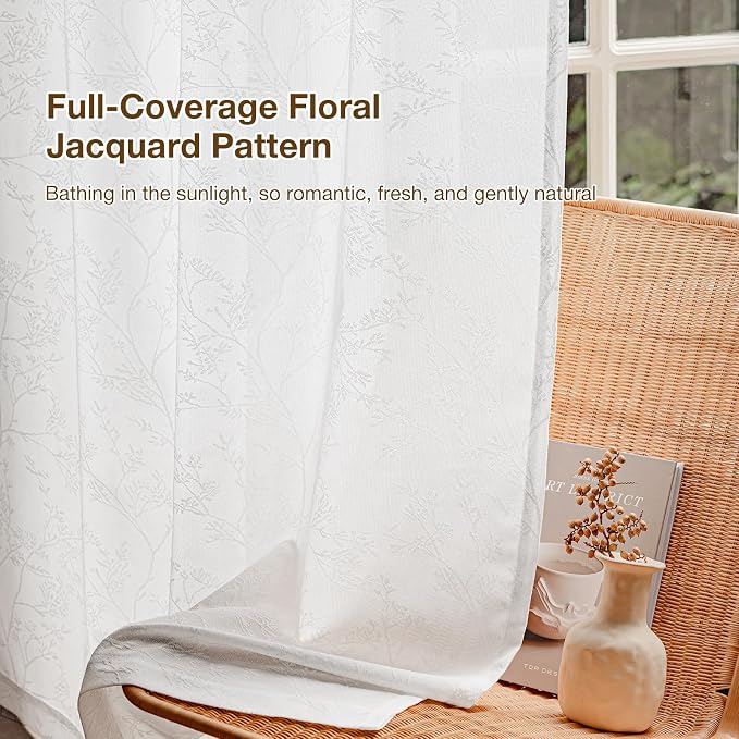 Anmao White Semi Sheer Light Filtering Extra Long Curtains 2 Panels, Branch - Image 6