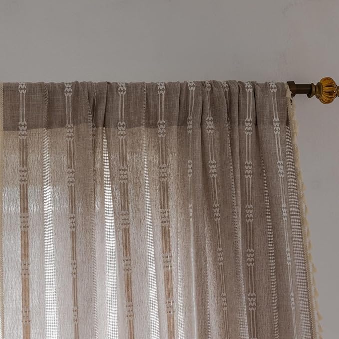 Linen Curtains 108 Inches Long for Living Room 2 Panels Set, Embroidery by BCLBUSTE