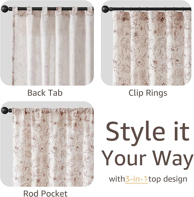 jinchan Floral Linen Curtains for Living Room 84 Inch Length Brown Flower - Image 6
