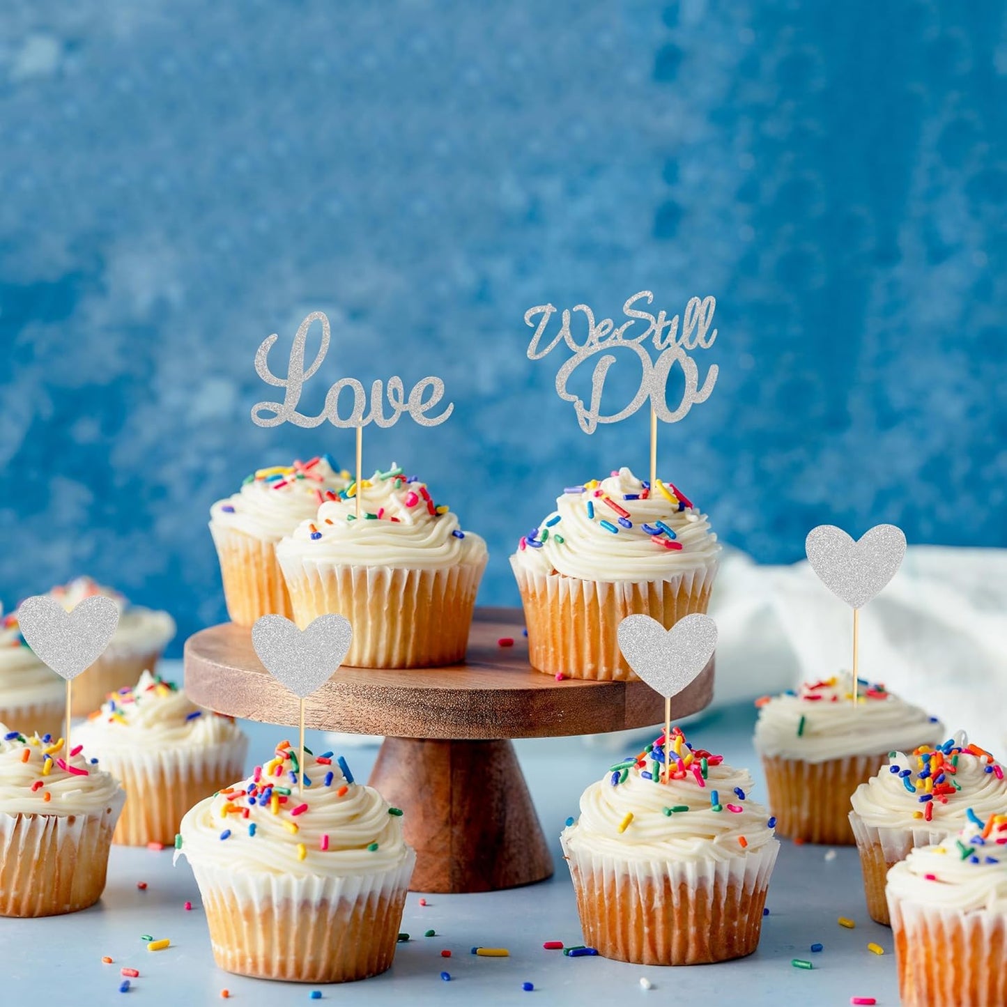 24Pcs We Still Do Cupcake Toppers Glitter Love Heart Marriage Anniversary Cupcake Picks Bridal Shower Wedding Engagement Birthday Cake Decorations Supplies - Silver Glitter