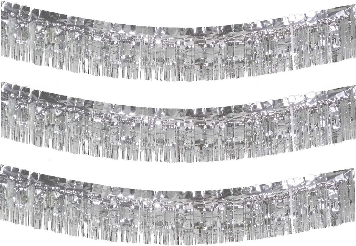 10 Feet Long Roll Foil Fringe Garland - Pack of 3 | Shiny Metallic Tassle Banner | Ideal for Parade Floats, Bridal Shower, Wedding, Birthday | Wall Hanging Fringe Garland Banner (Silver)