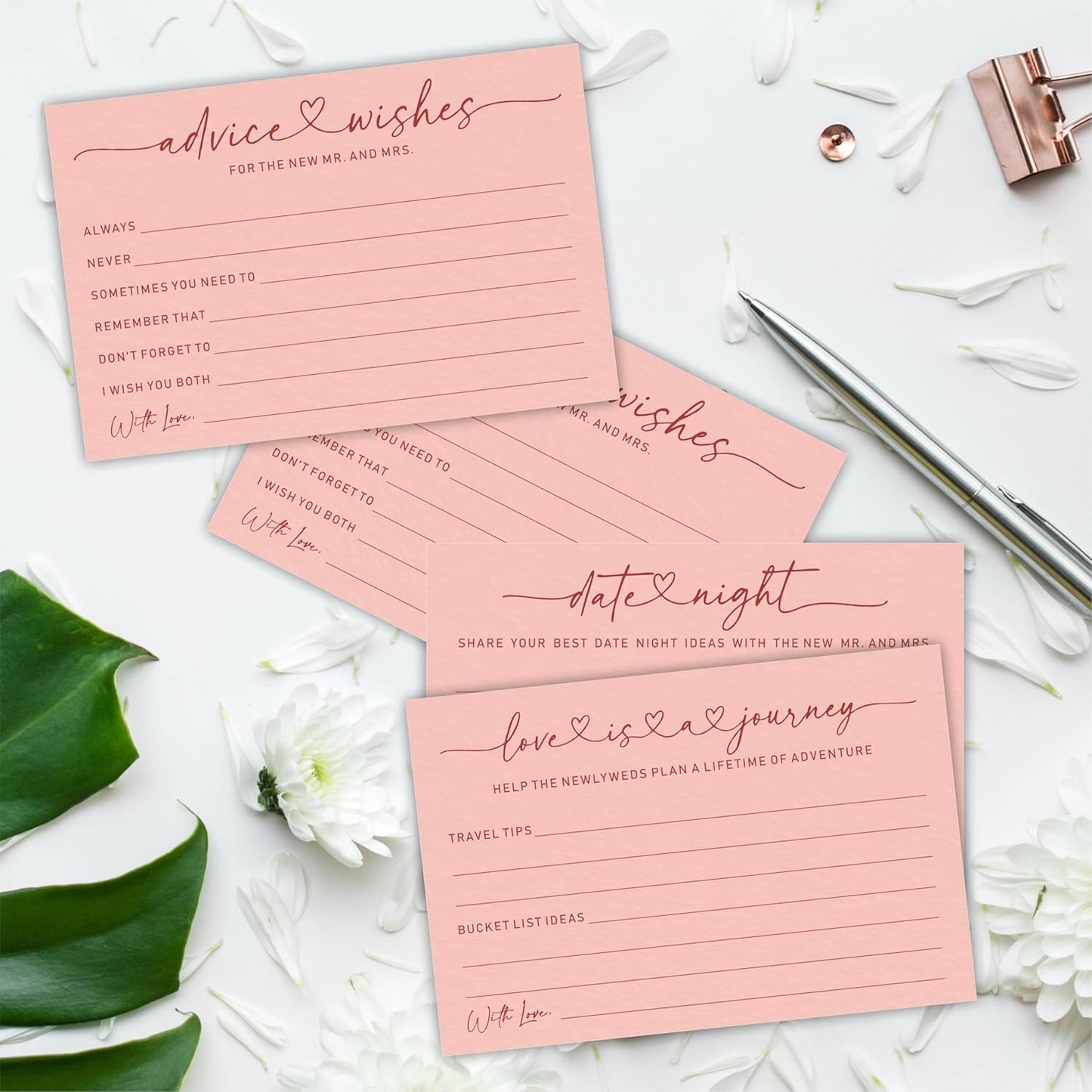 Wedding Advice Cards - Wishes For The New Mr & Mrs Wedding Advice Sign -A Standing Sign With 3 Types Of 4 x 6 Advice Cards -Bride and Groom Newlyweds Bridal Shower Decoration,Games(Pink) - C04