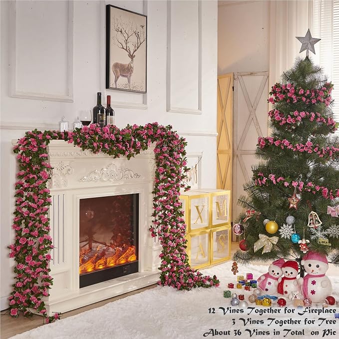 Artificial Flower Garland 8pcs 8.2ft Rose Vine Decor, Magenta Flower | PONKING - Image 3
