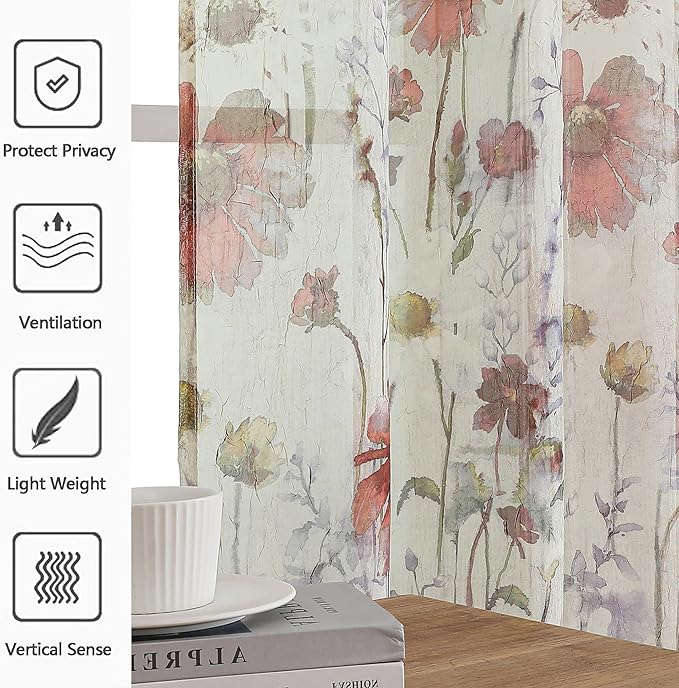 Crushed Sheer Curtains 90 Inch Length 2 Panels Set, Sheer Floral Curtains - Image 3