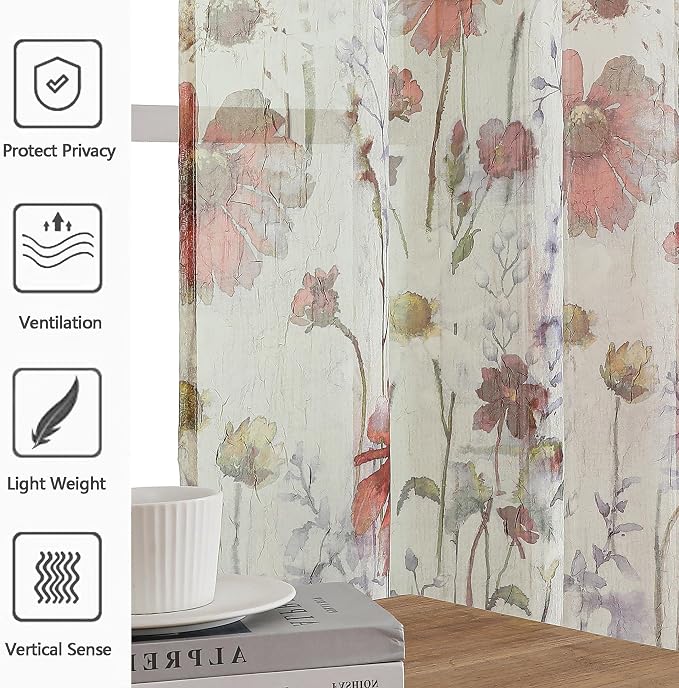 Crushed Sheer Kitchen Cafe Curtains Tiers 24 Inch Length 2 Panels, Printed - Image 2