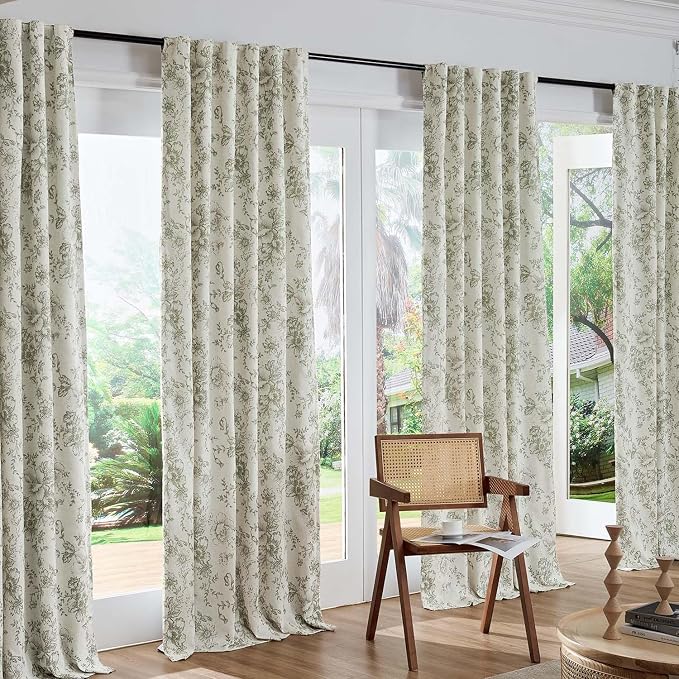 jinchan Green Floral Linen Blackout Curtains 84 Inch Back Tab 2 Panels | - Image 7