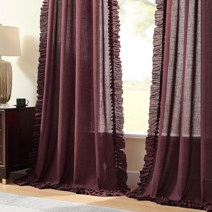 Burgundy Ruffle Curtains for Living Room Farmhouse 58x96 Inch 2 Panels | Rod - Image 3